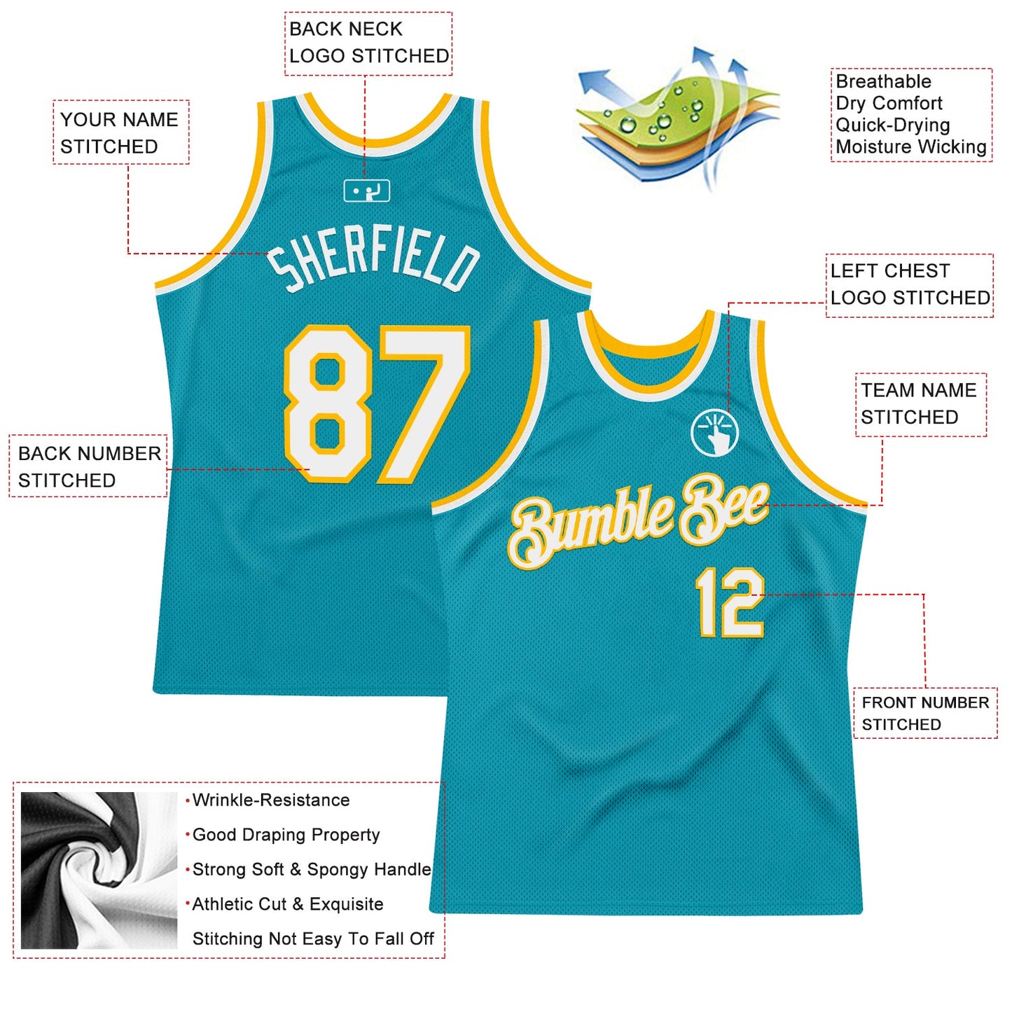 Custom Teal White-Gold Authentic Throwback Basketball Jersey view 2