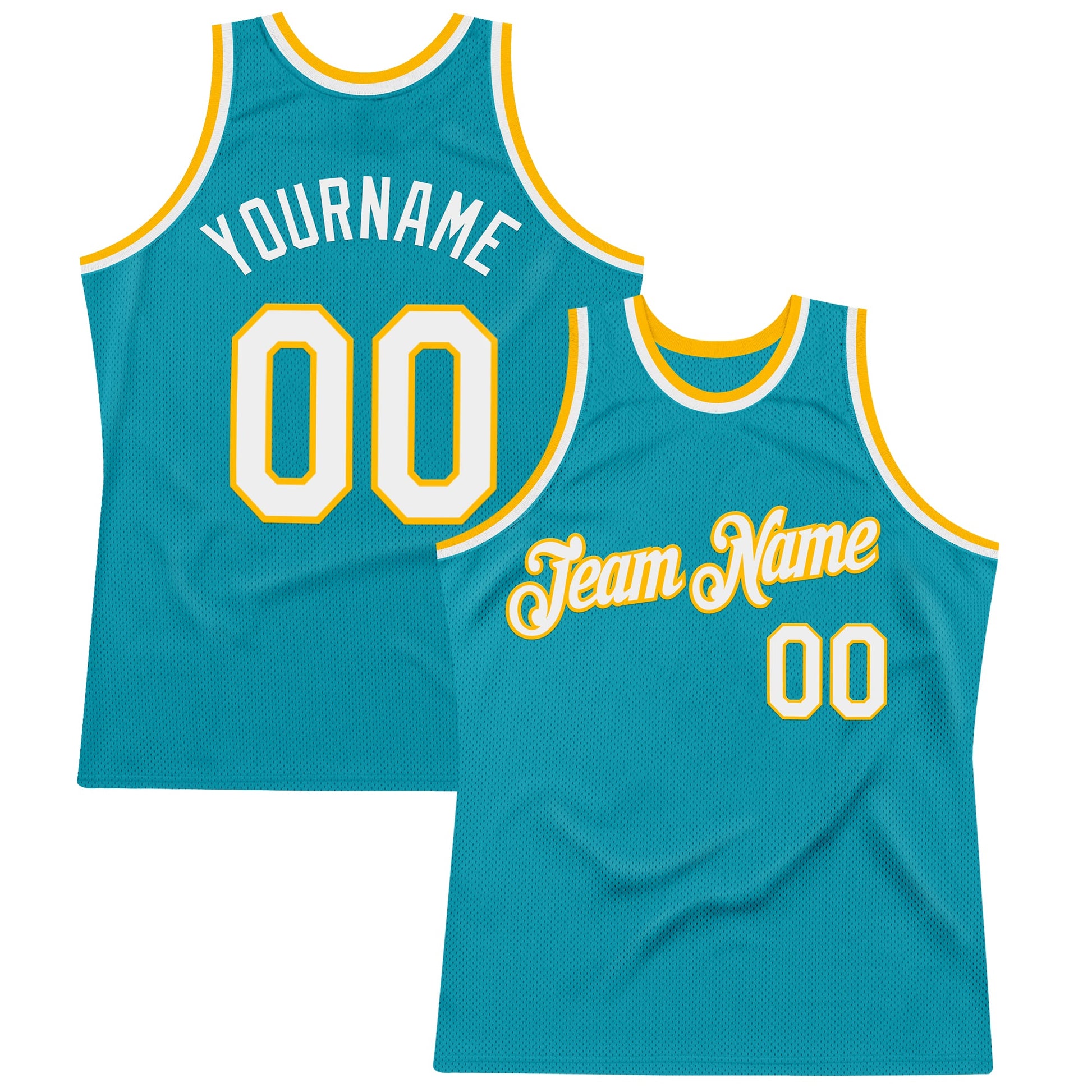 Custom Teal White-Gold Authentic Throwback Basketball Jersey - Main View