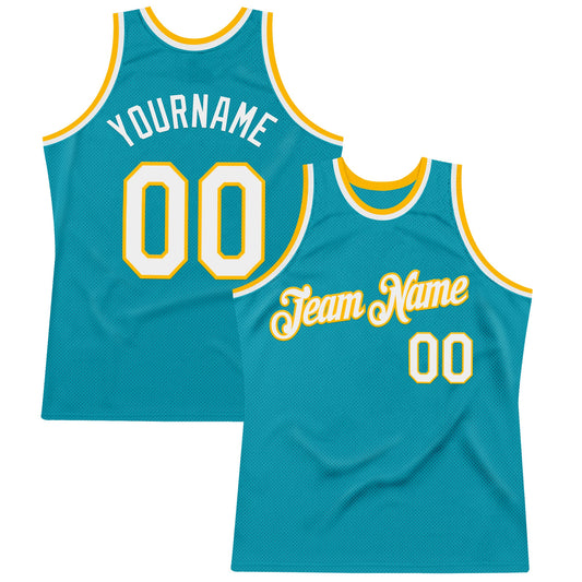Custom Teal White-Gold Authentic Throwback Basketball Jersey - Main View