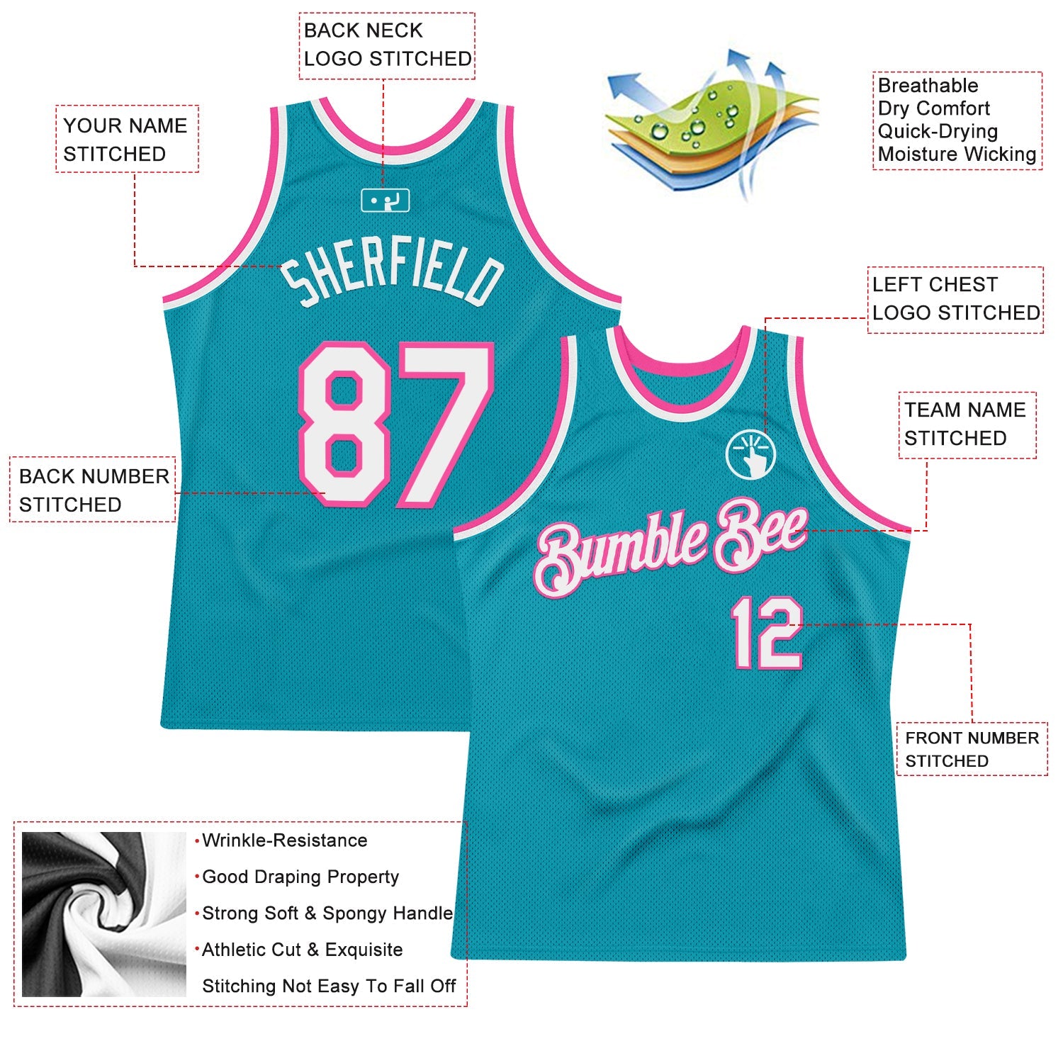 Custom Teal White-Pink Authentic Throwback Basketball Jersey view 2
