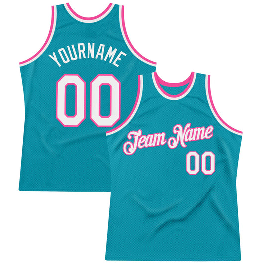Custom Teal White-Pink Authentic Throwback Basketball Jersey - Main View