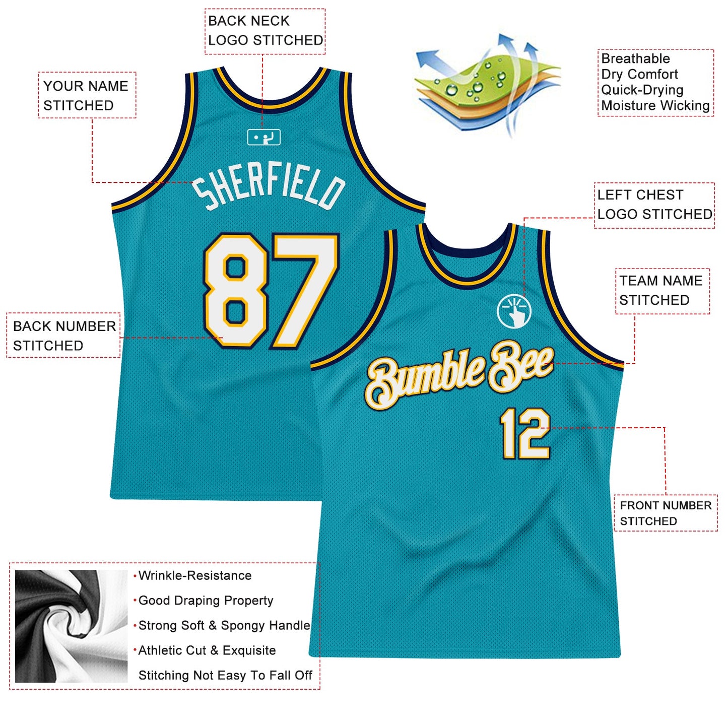 Custom Teal Gold-Navy Authentic Throwback Basketball Jersey view 2