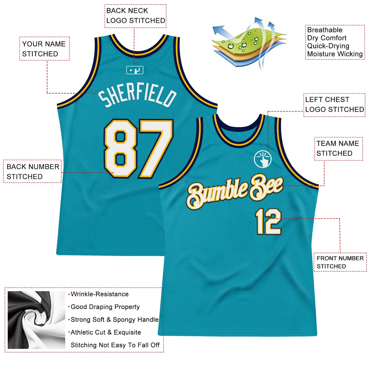 Custom Teal Gold-Navy Authentic Throwback Basketball Jersey view 2