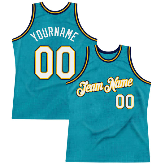 Custom Teal Gold-Navy Authentic Throwback Basketball Jersey - Main View