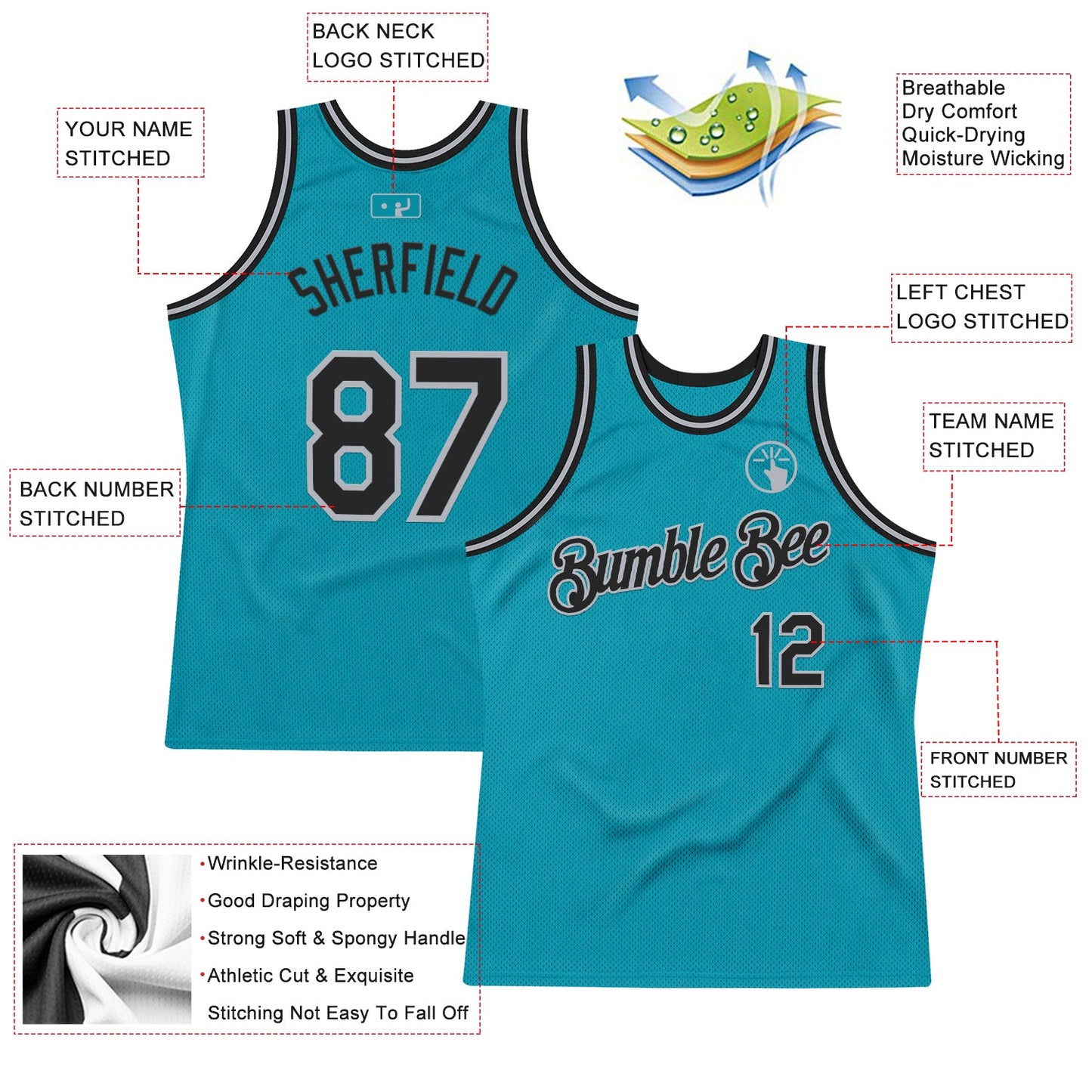 Custom Teal Black-Gray Authentic Throwback Basketball Jersey view 2