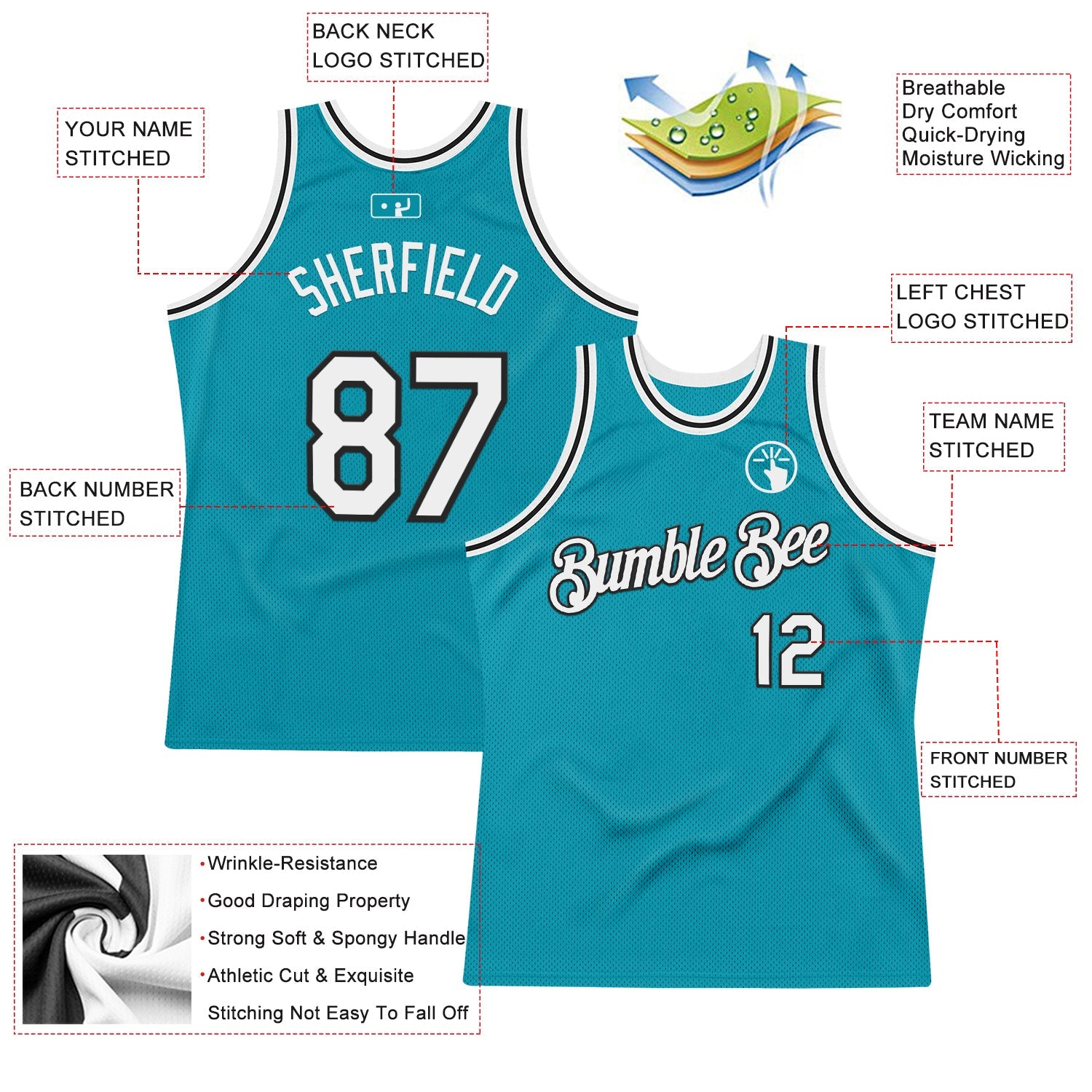 Custom Teal White-Black Authentic Throwback Basketball Jersey view 2