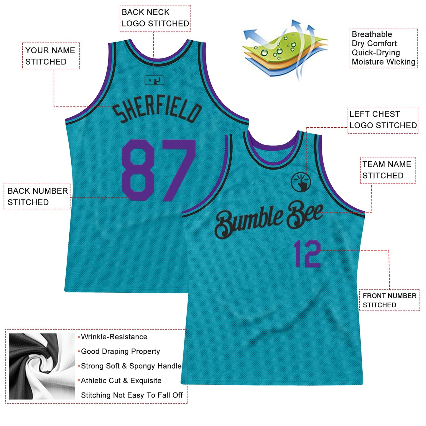 Custom Teal Purple-Black Authentic Throwback Basketball Jersey view 2