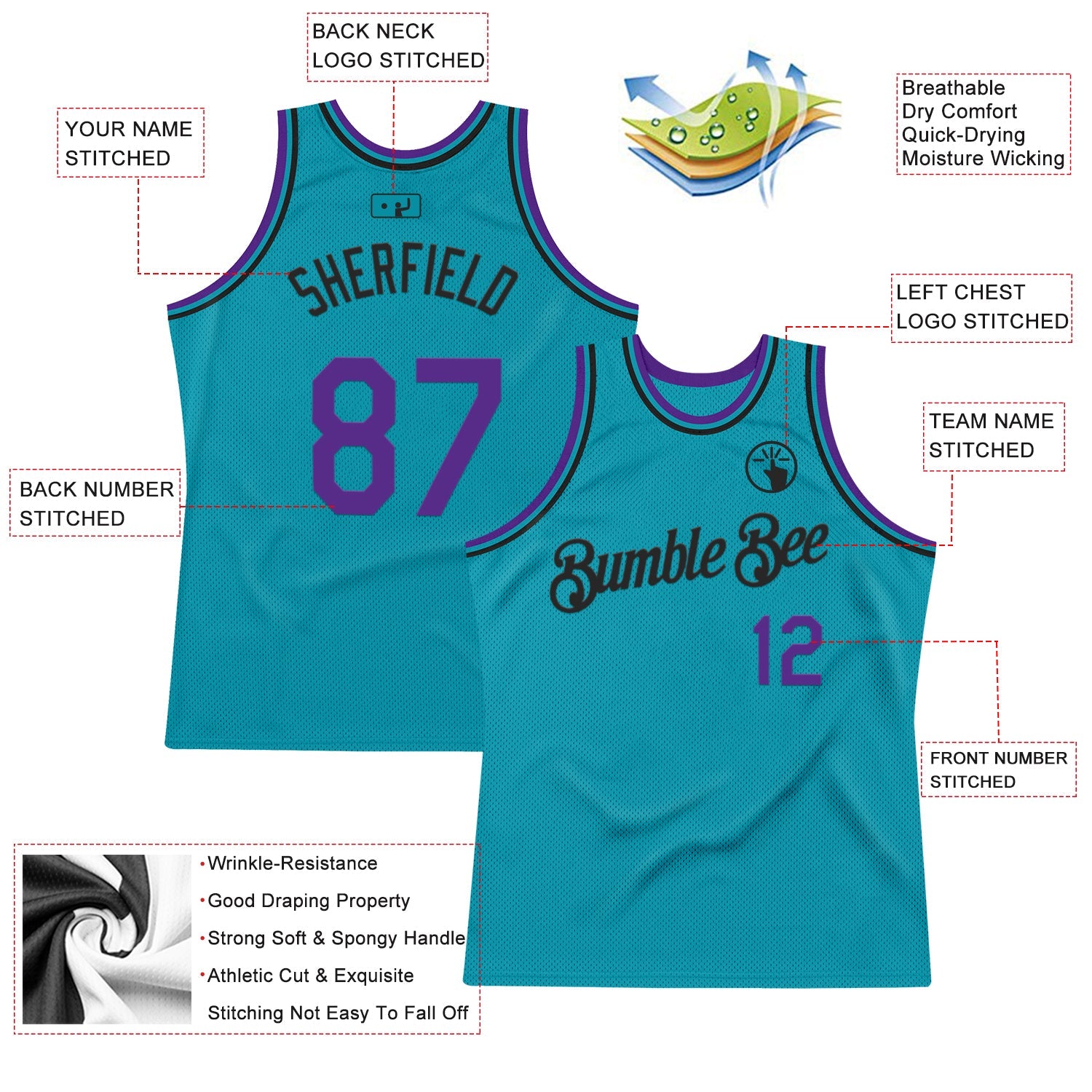 Custom Teal Purple-Black Authentic Throwback Basketball Jersey view 2