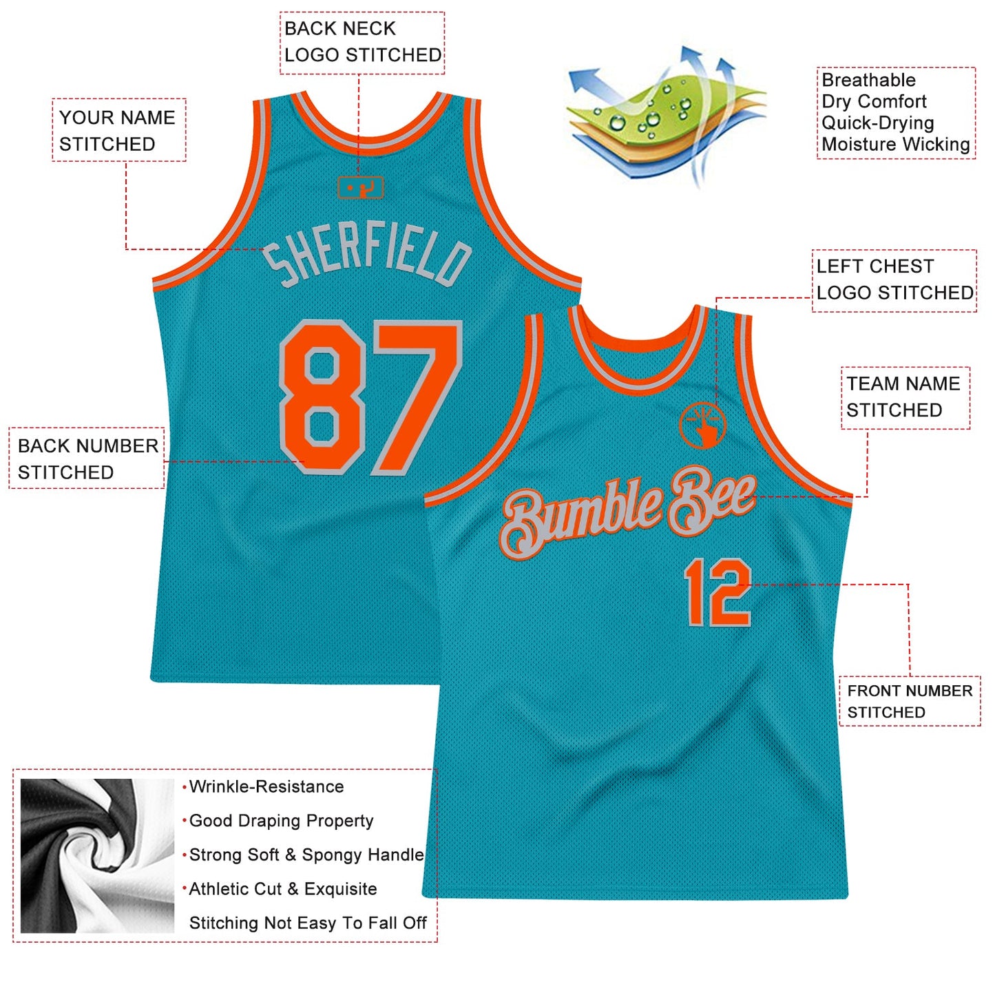 Custom Teal Orange-Gray Authentic Throwback Basketball Jersey view 2
