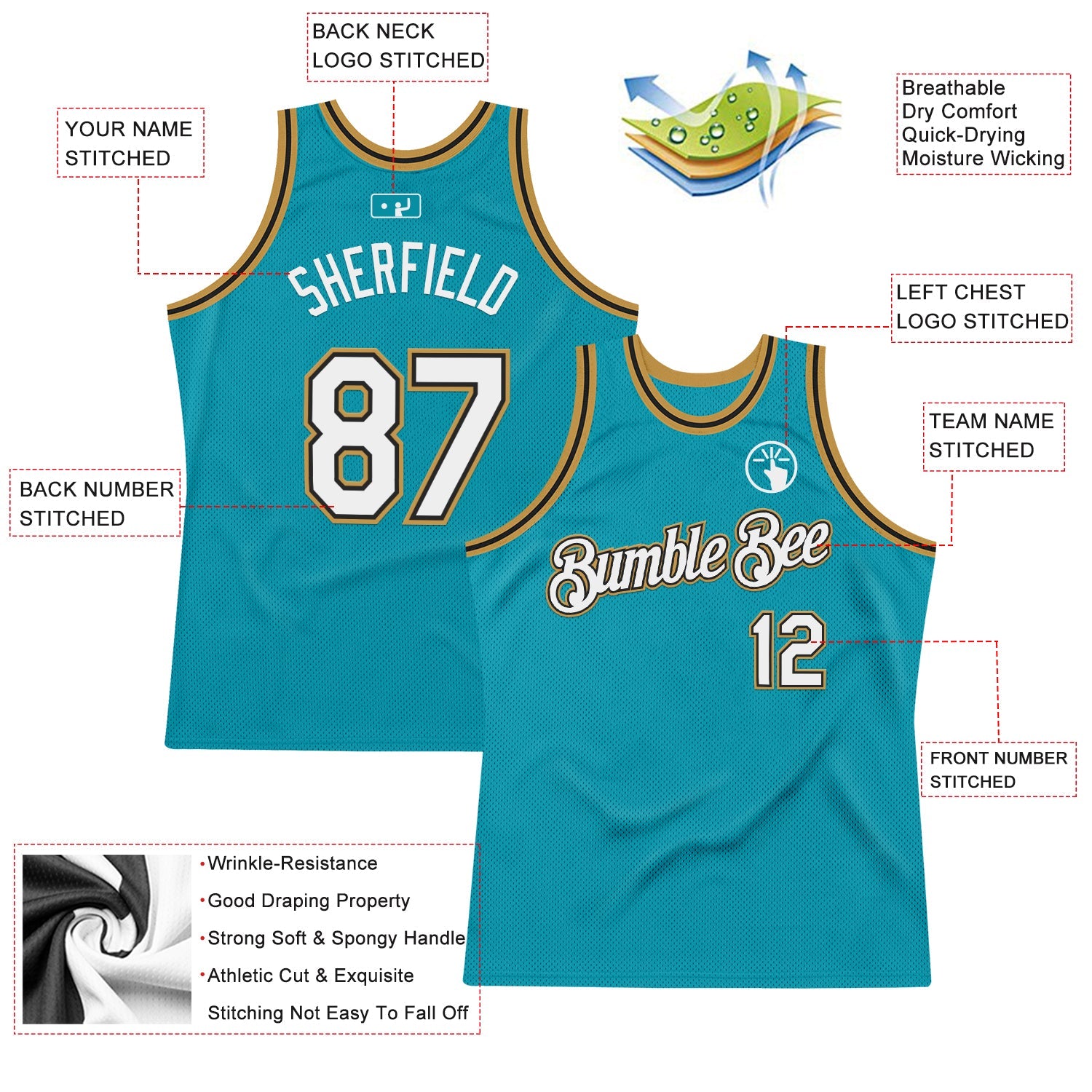 Custom Teal Black-Old Gold Authentic Throwback Basketball Jersey view 2