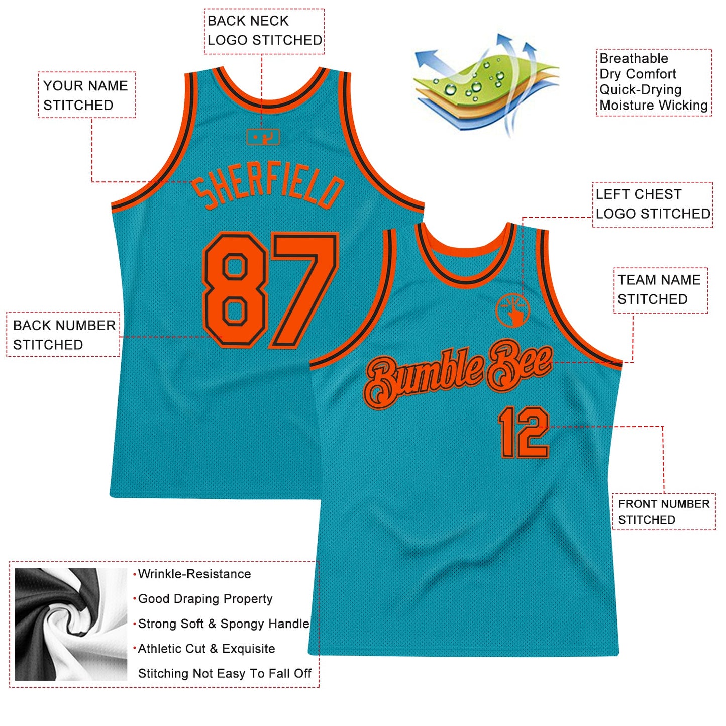 Custom Teal Orange-Black Authentic Throwback Basketball Jersey view 2