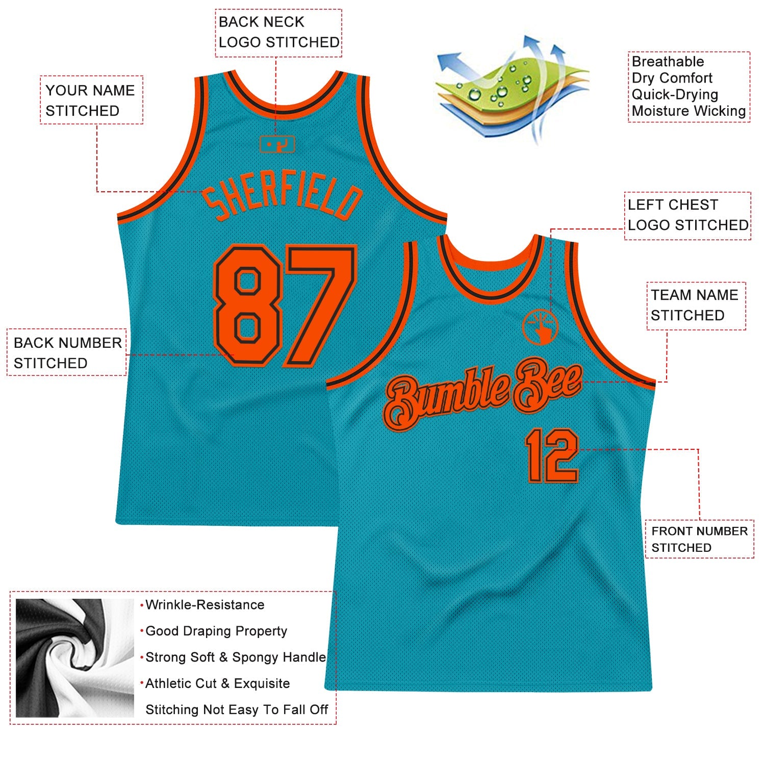 Custom Teal Orange-Black Authentic Throwback Basketball Jersey view 2