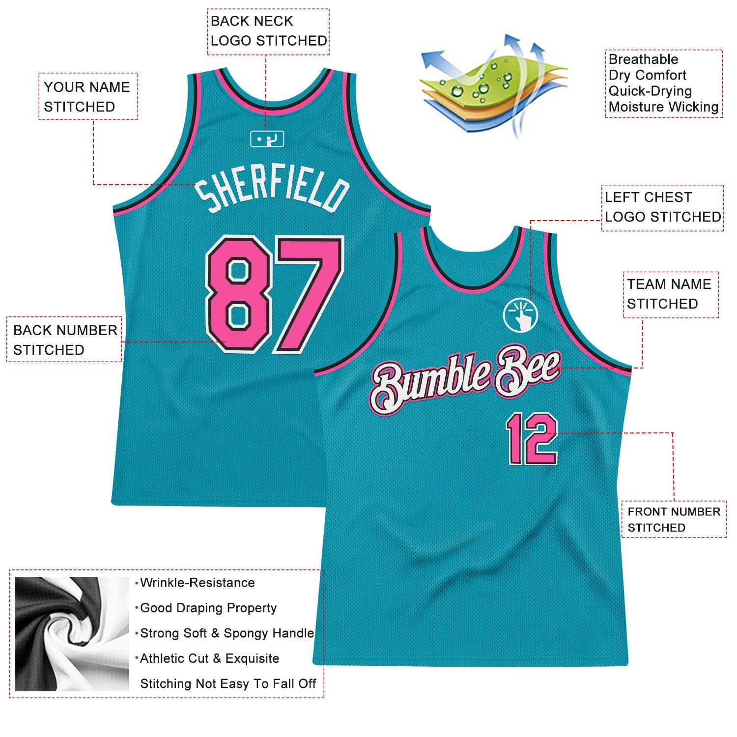 Custom Teal Pink-Black Authentic Throwback Basketball Jersey view 2