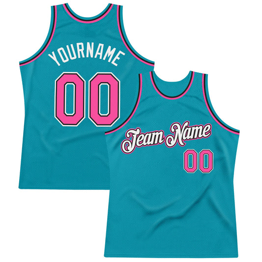 Custom Teal Pink-Black Authentic Throwback Basketball Jersey - Main View