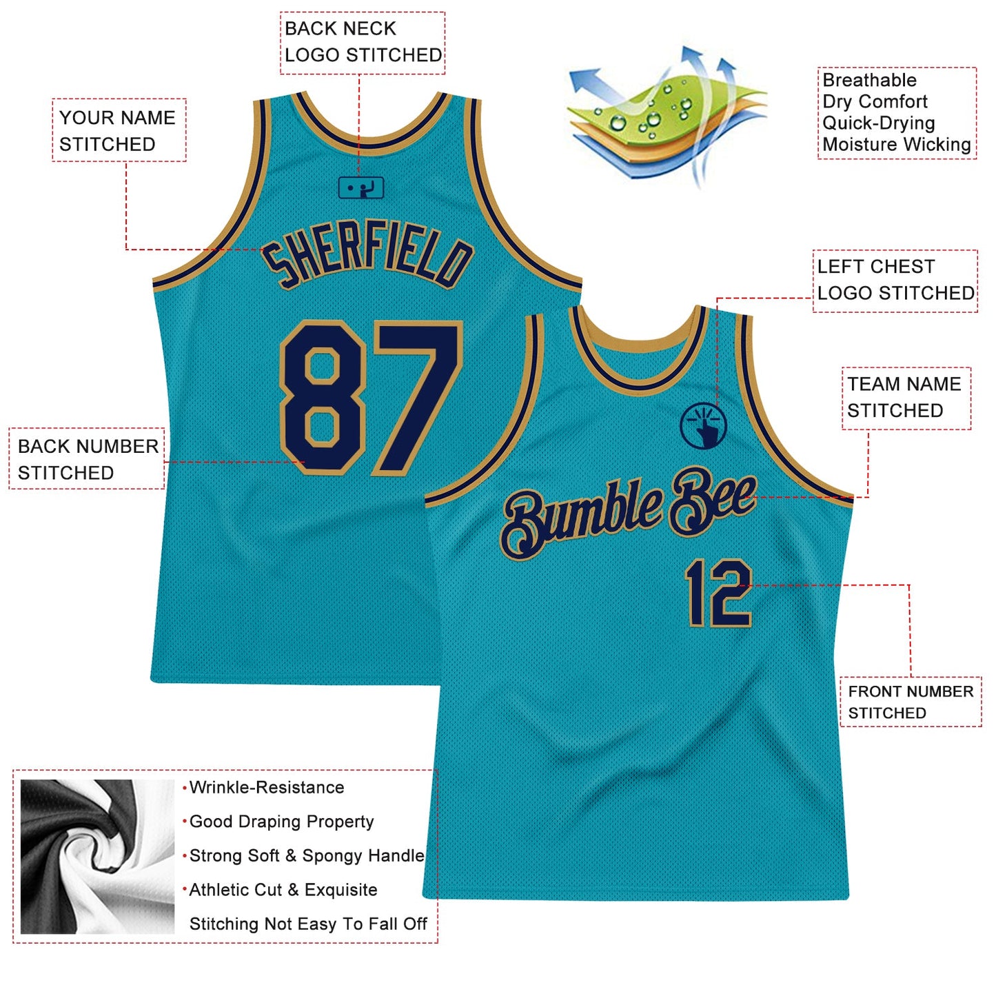 Custom Teal Navy-Old Gold Authentic Throwback Basketball Jersey view 2