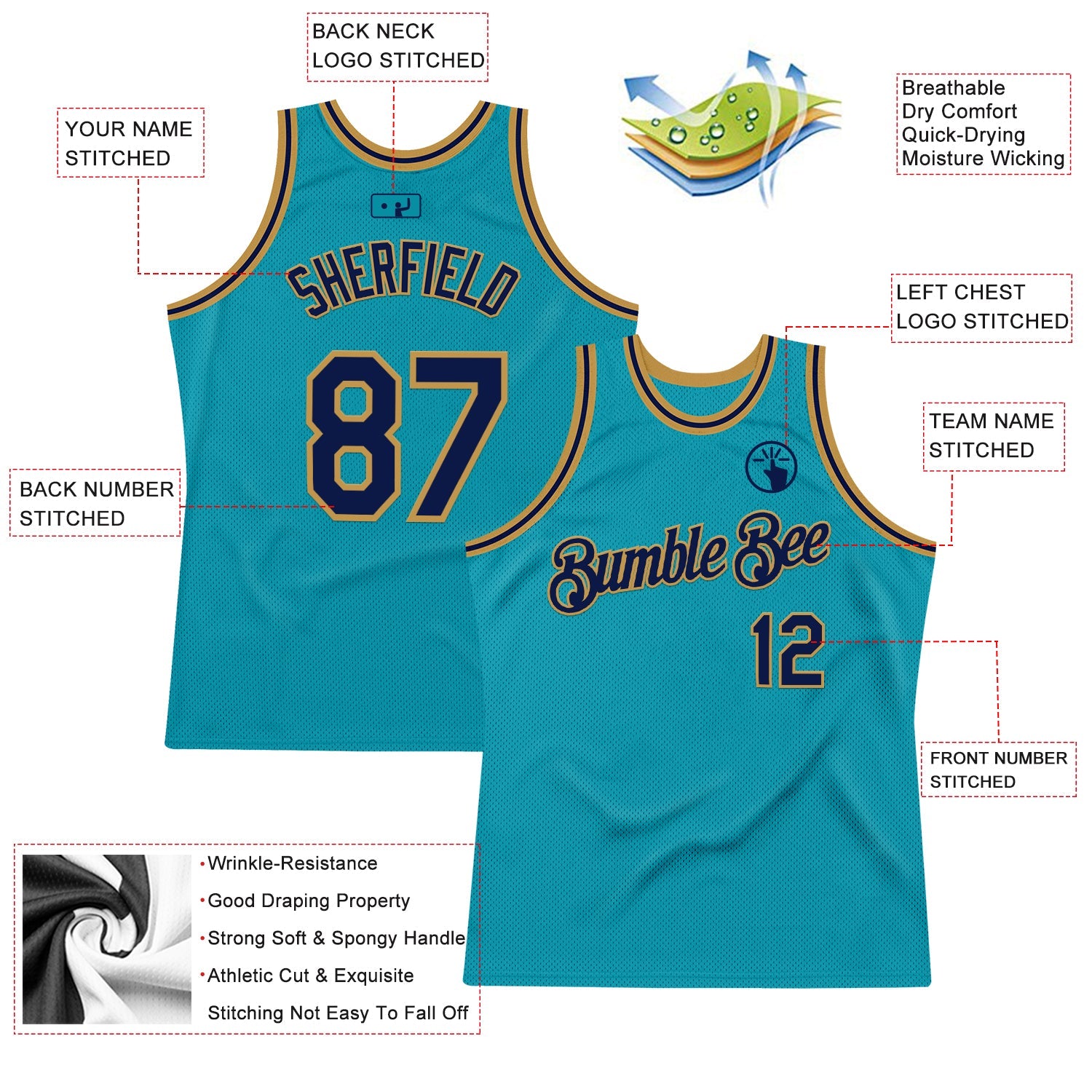Custom Teal Navy-Old Gold Authentic Throwback Basketball Jersey view 2