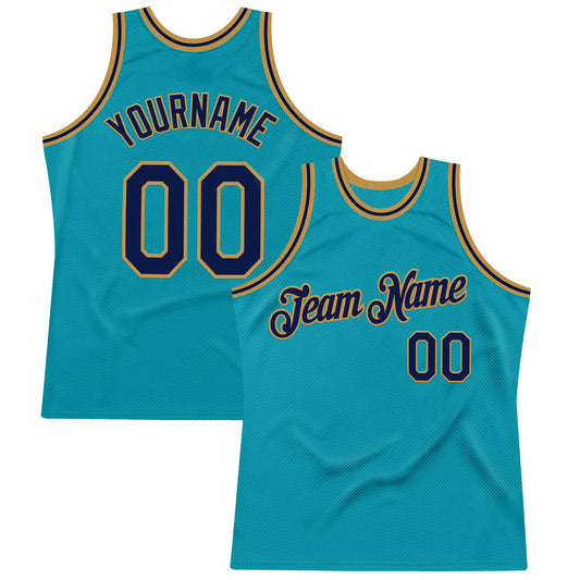 Custom Teal Navy-Old Gold Authentic Throwback Basketball Jersey - Main View