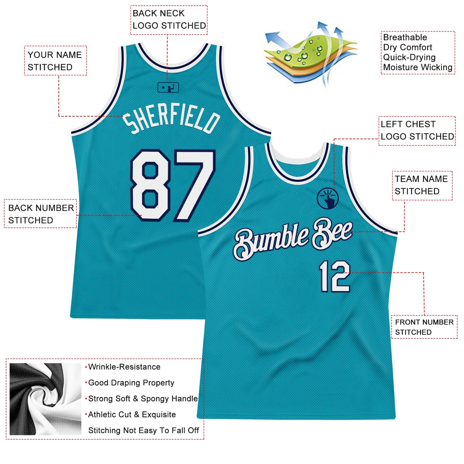 Custom Teal White-Navy Authentic Throwback Basketball Jersey view 2