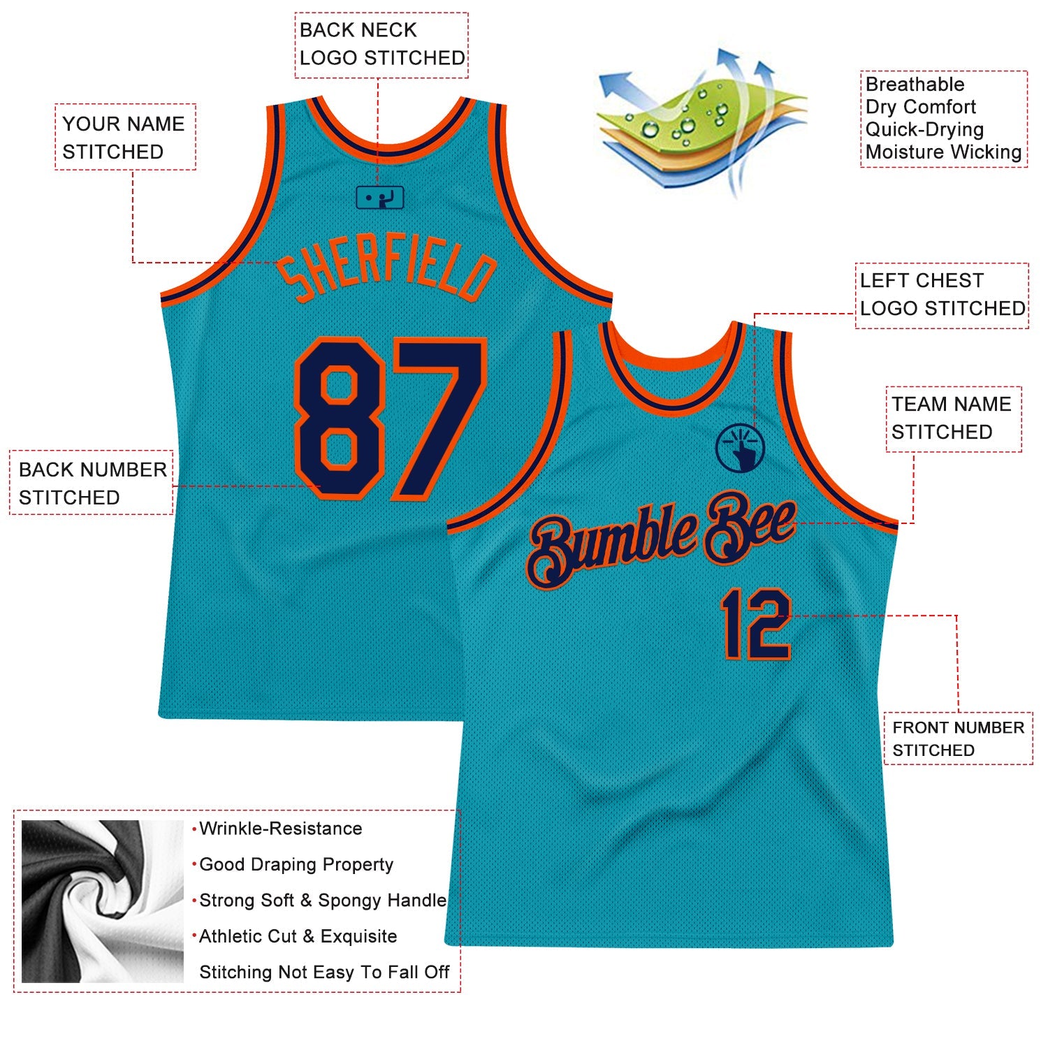 Custom Teal Navy-Orange Authentic Throwback Basketball Jersey view 2
