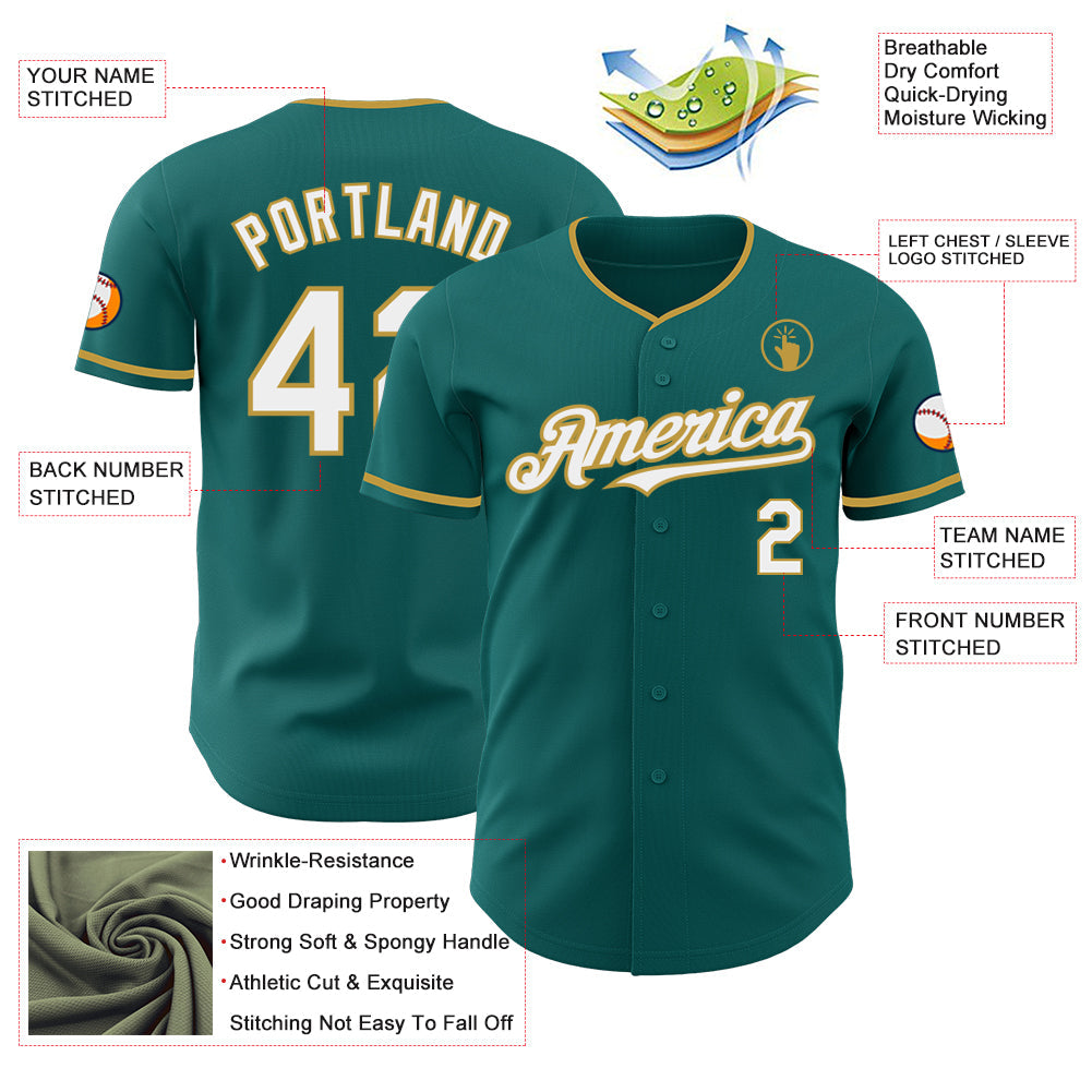 Custom Teal White-Old Gold Authentic Baseball Jersey view 3
