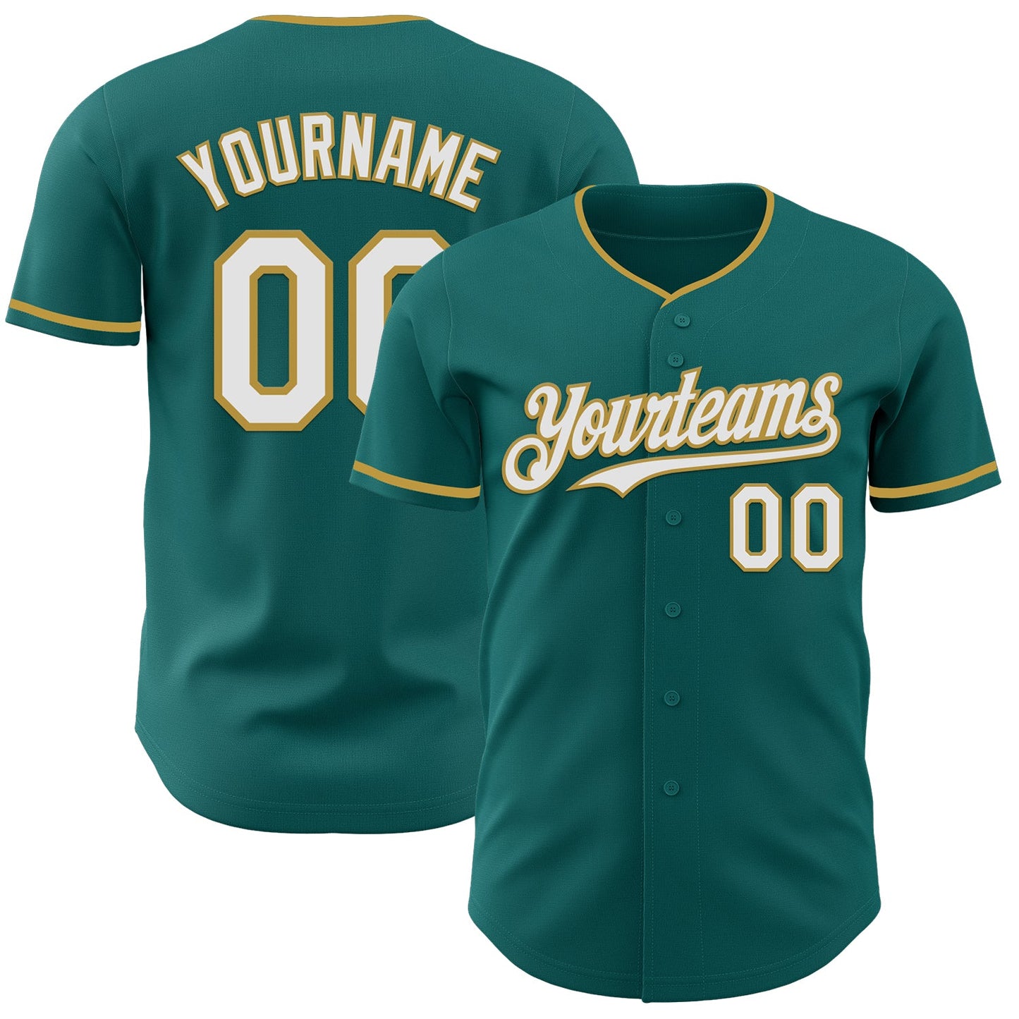 Custom Teal White-Old Gold Authentic Baseball Jersey - Main View
