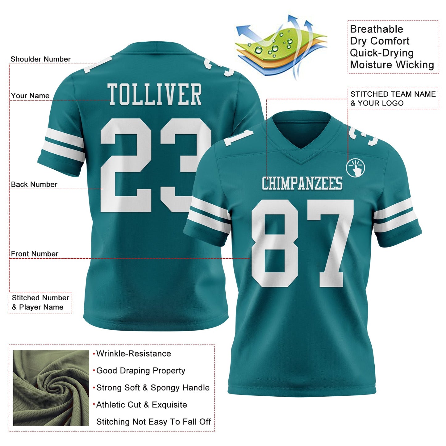 Custom Teal White Authentic Football Jersey view 3