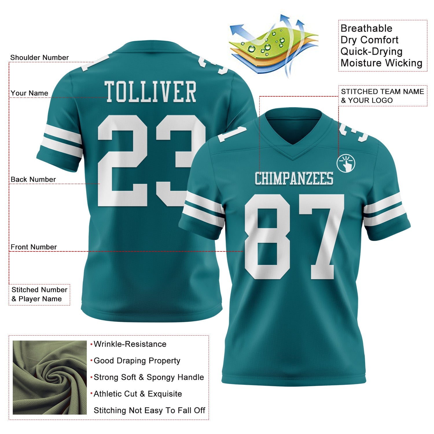 Custom Teal White Authentic Football Jersey view 3