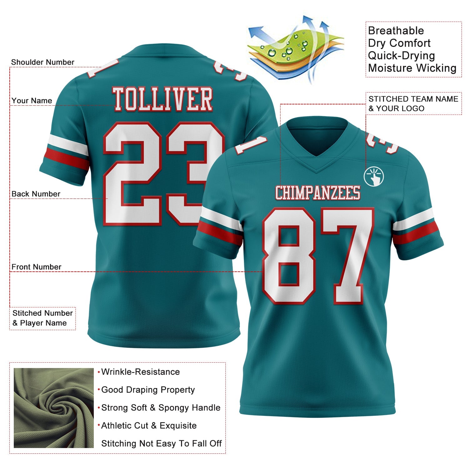 Custom Teal White-Red Authentic Football Jersey view 3