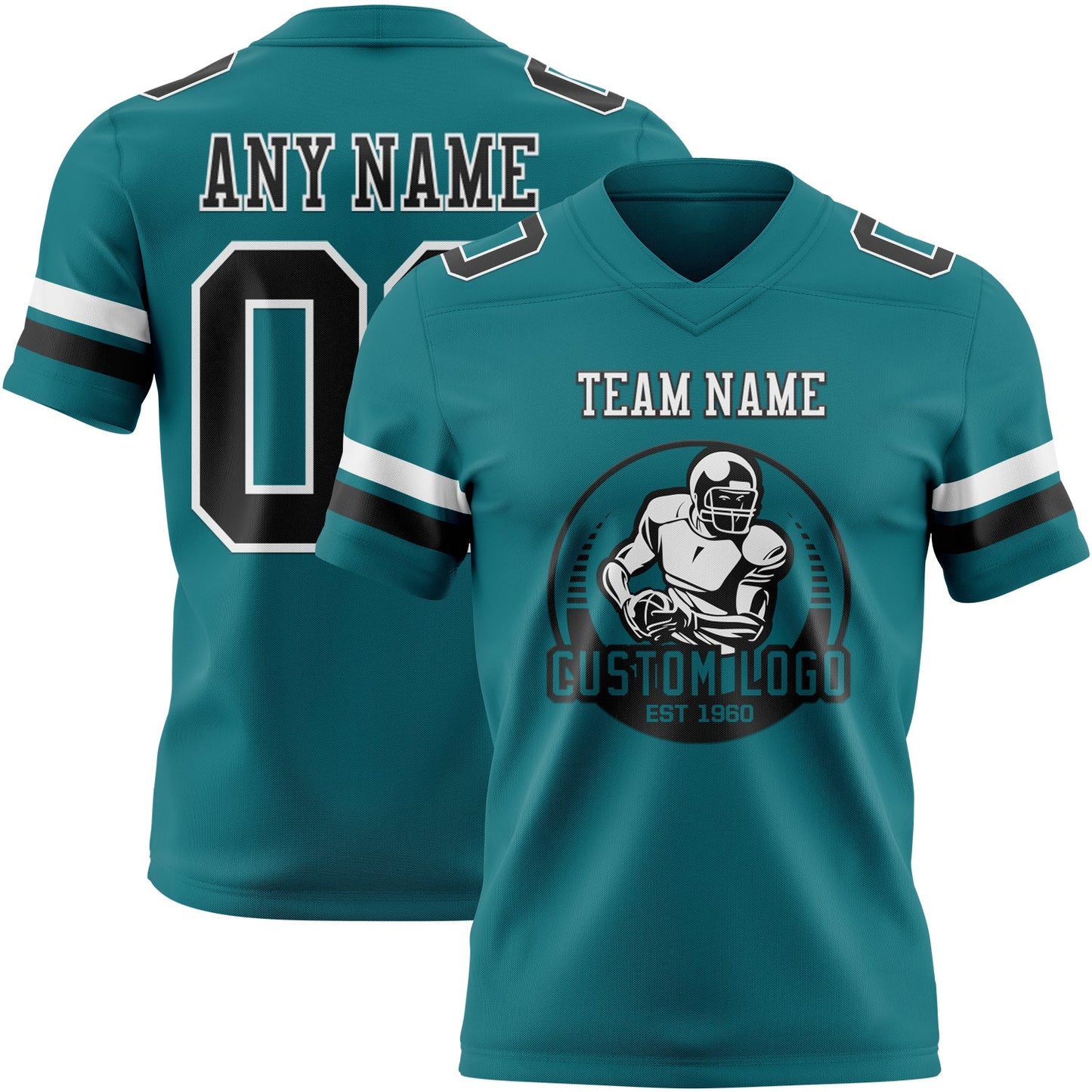 Custom Teal Black-White Authentic Football Jersey view 2