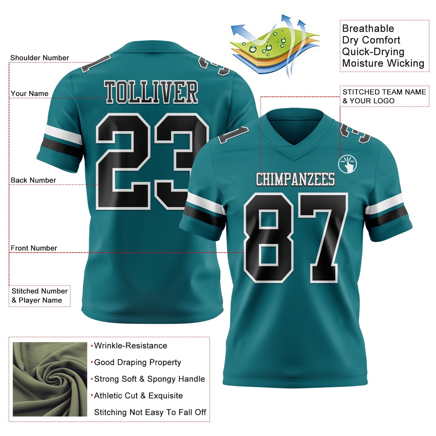 Custom Teal Black-White Authentic Football Jersey view 3