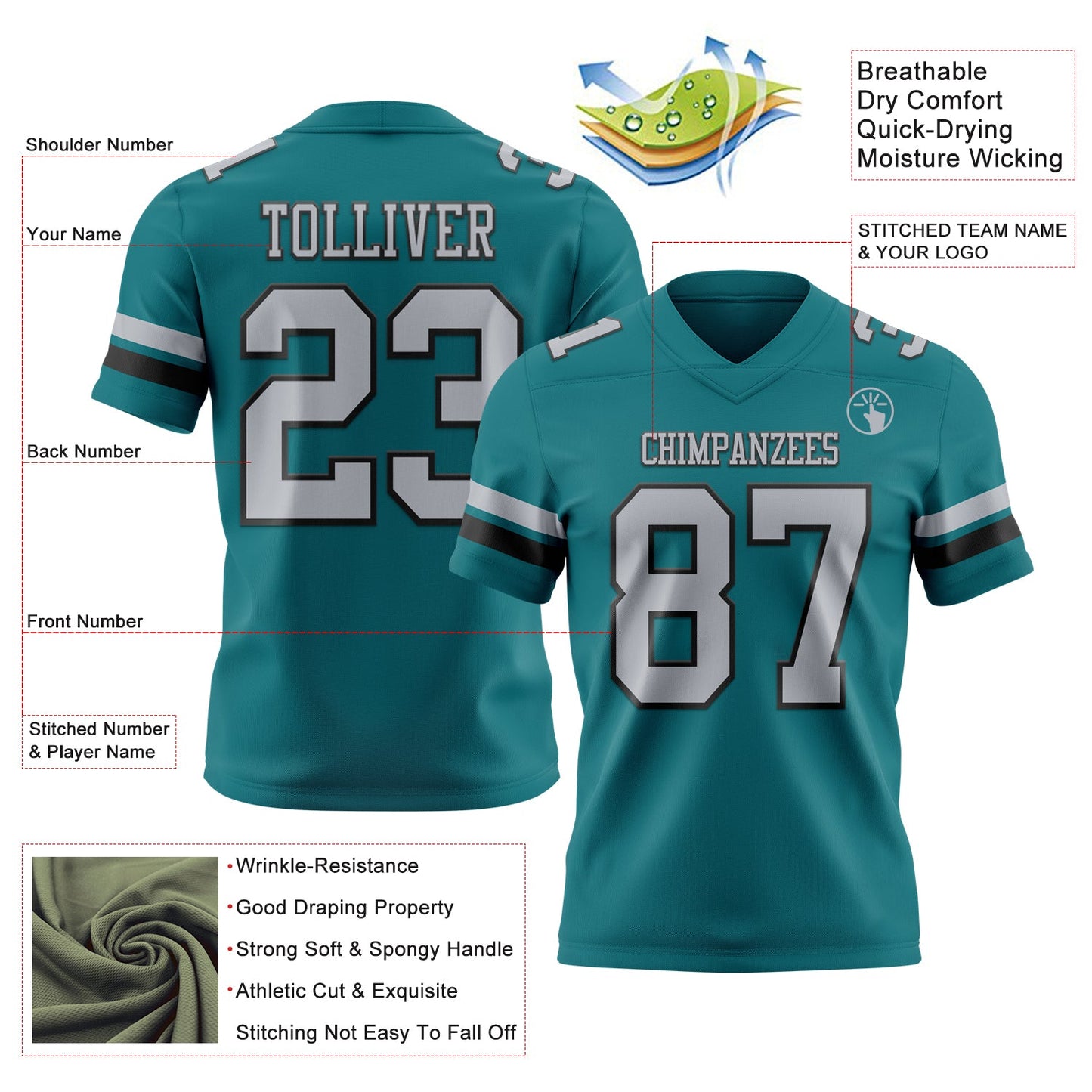 Custom Teal Gray-Black Authentic Football Jersey view 3