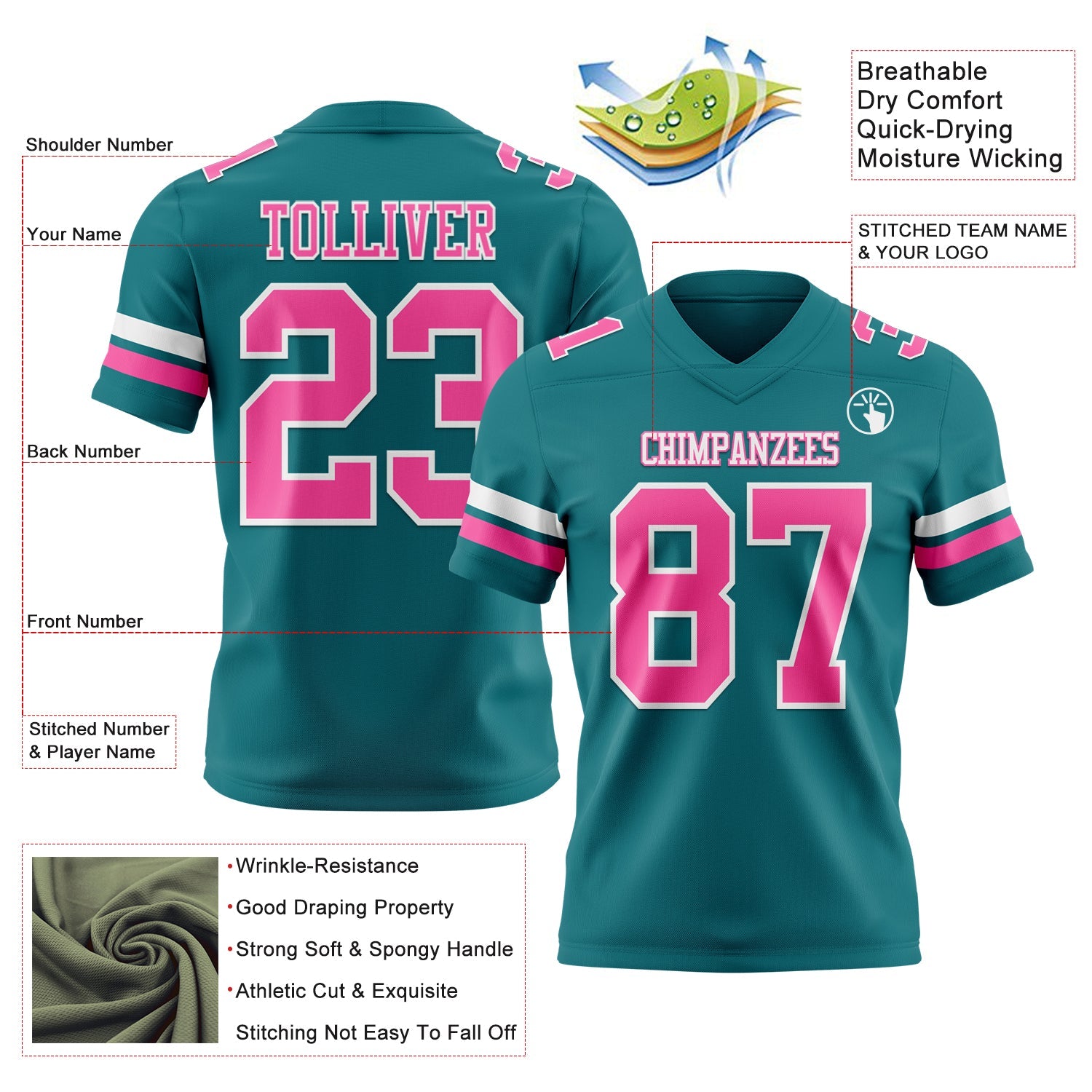 Custom Teal Pink-White Authentic Football Jersey view 3
