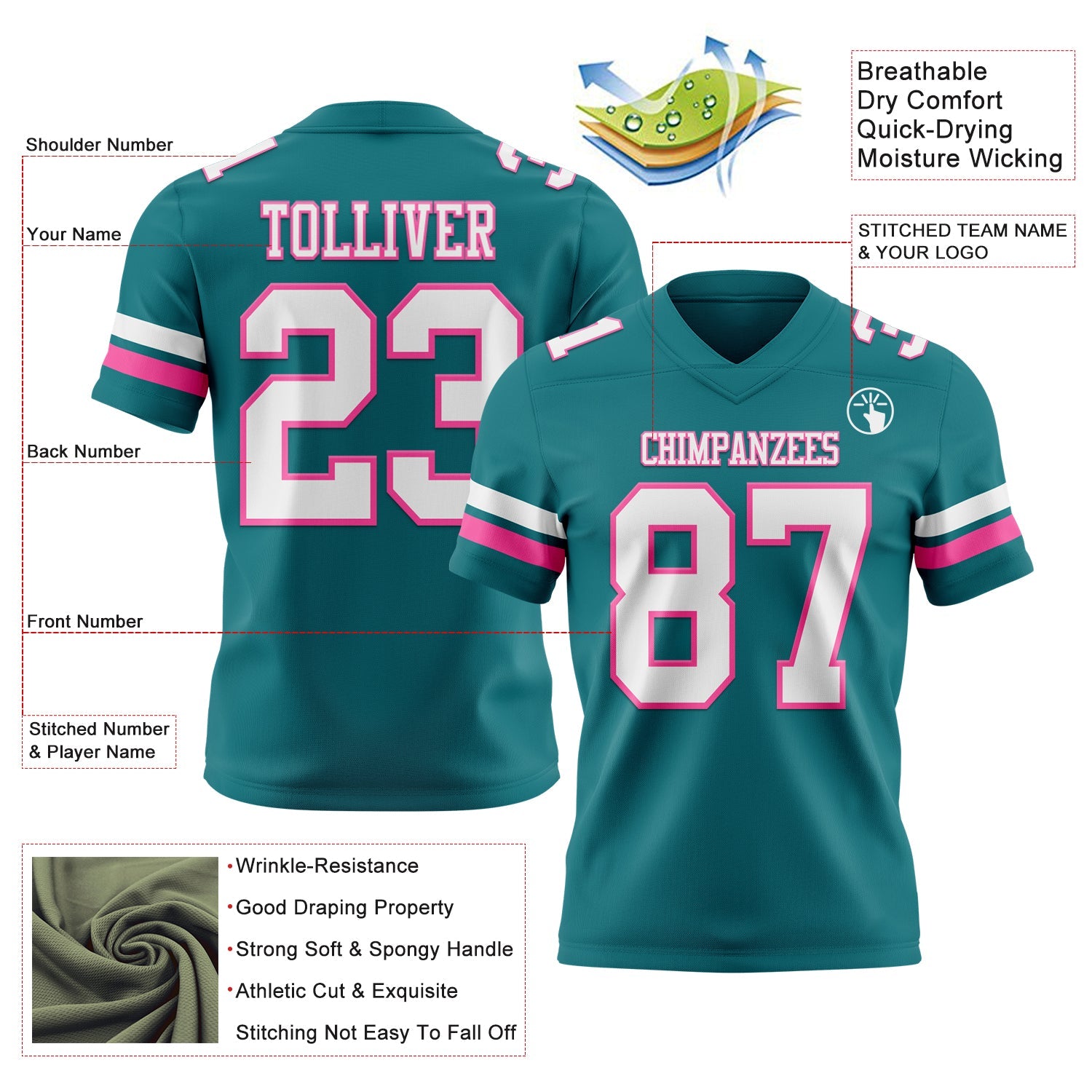 Custom Teal White-Pink Authentic Football Jersey view 3