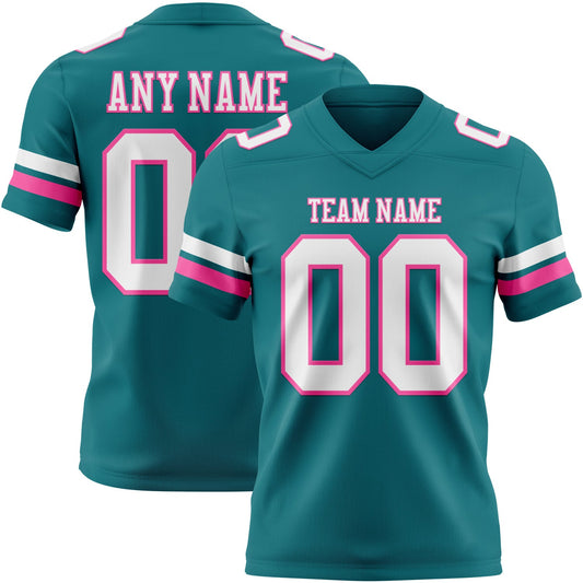 Custom Teal White-Pink Authentic Football Jersey - Main View