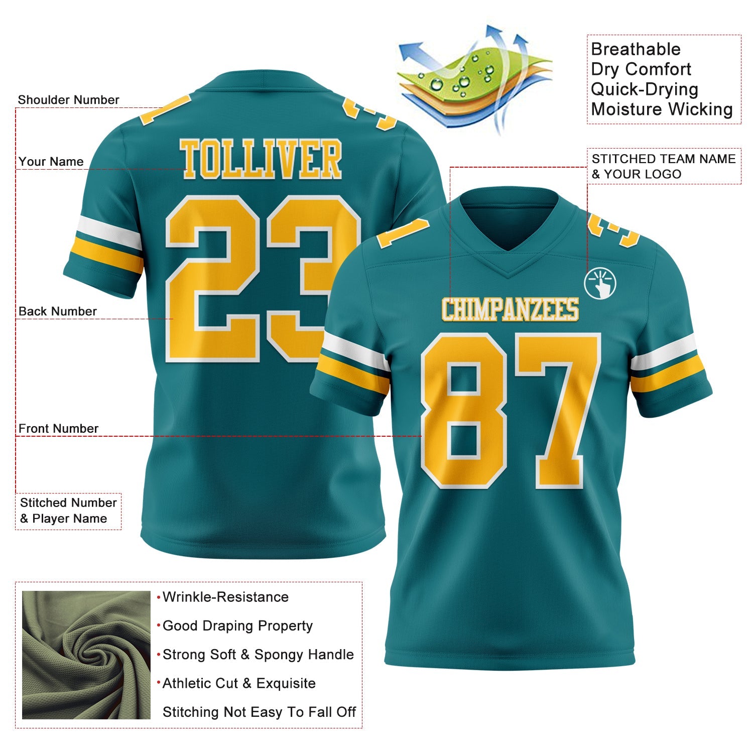 Custom Teal Gold-White Authentic Football Jersey view 3