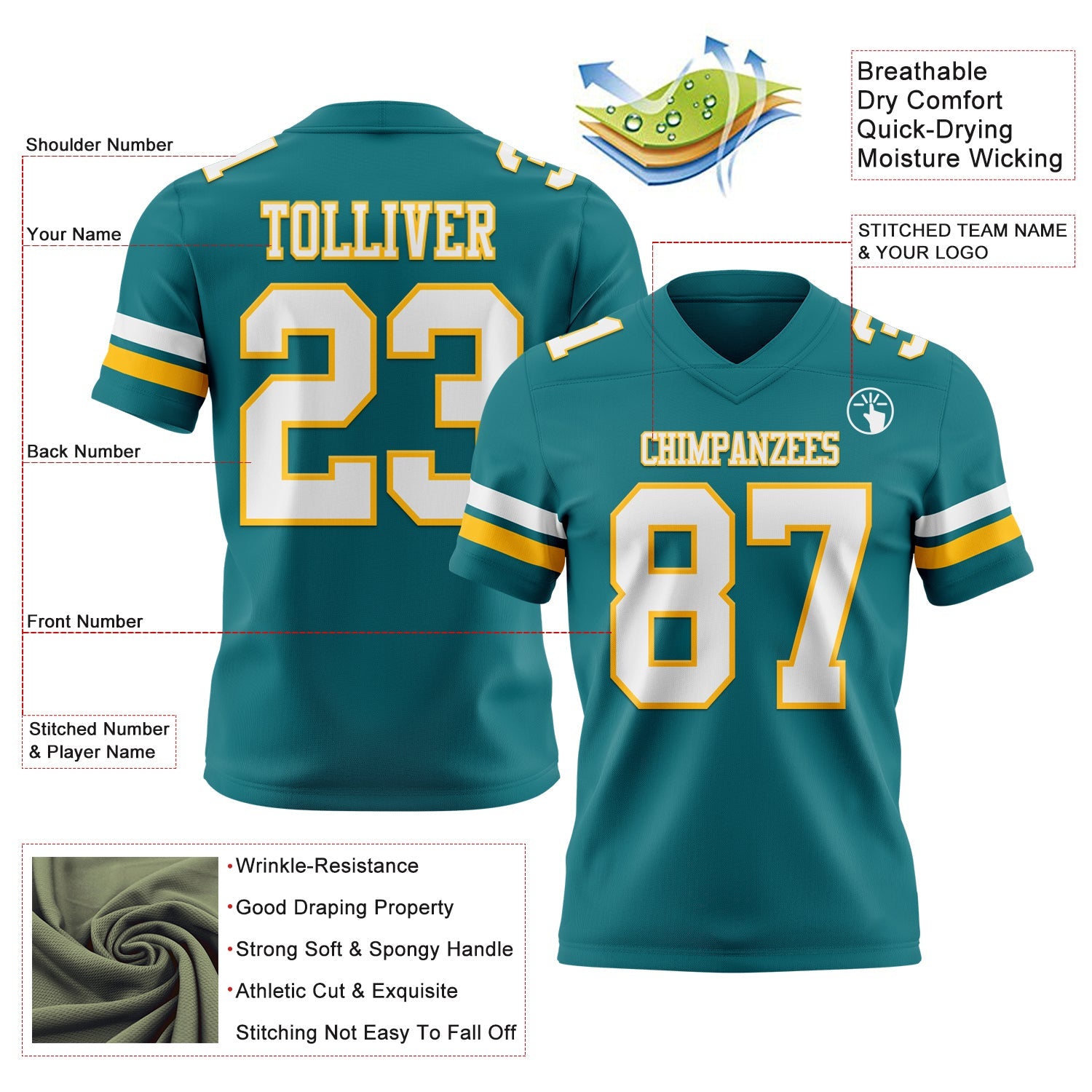 Custom Teal White-Gold Authentic Football Jersey view 3