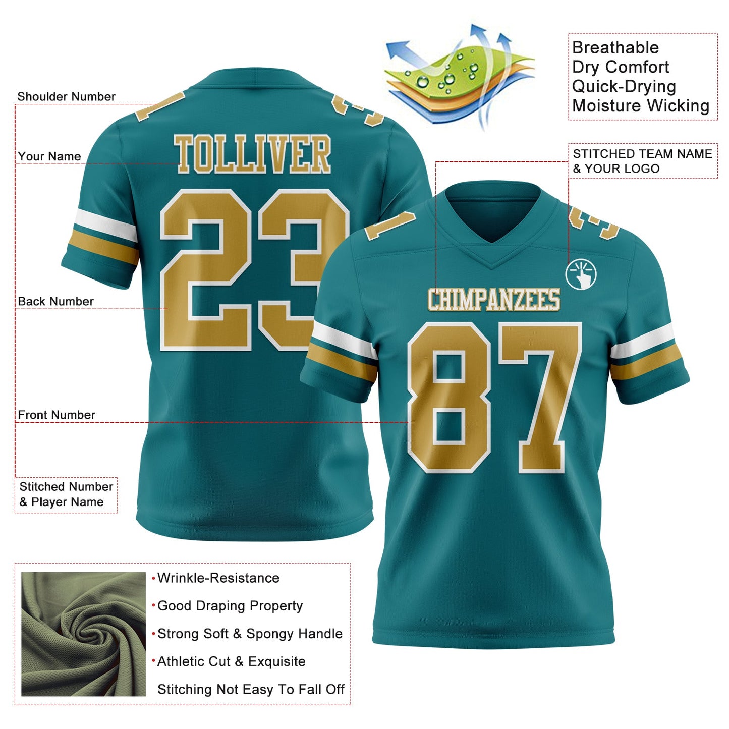 Custom Teal Old Gold-White Authentic Football Jersey view 3