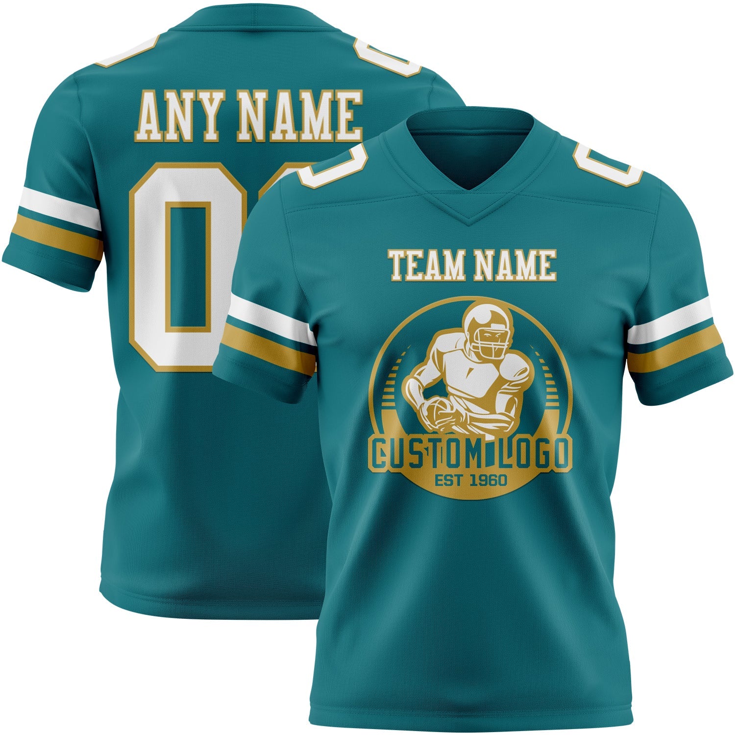 Custom Teal White-Old Gold Authentic Football Jersey view 2