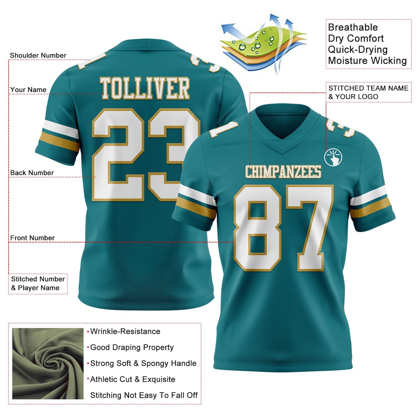 Custom Teal White-Old Gold Authentic Football Jersey view 3