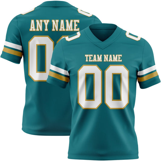 Custom Teal White-Old Gold Authentic Football Jersey - Main View