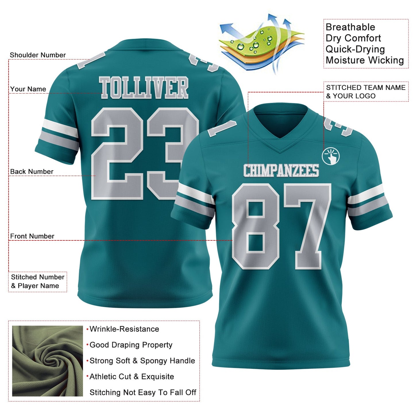 Custom Teal Gray-White Authentic Football Jersey view 3