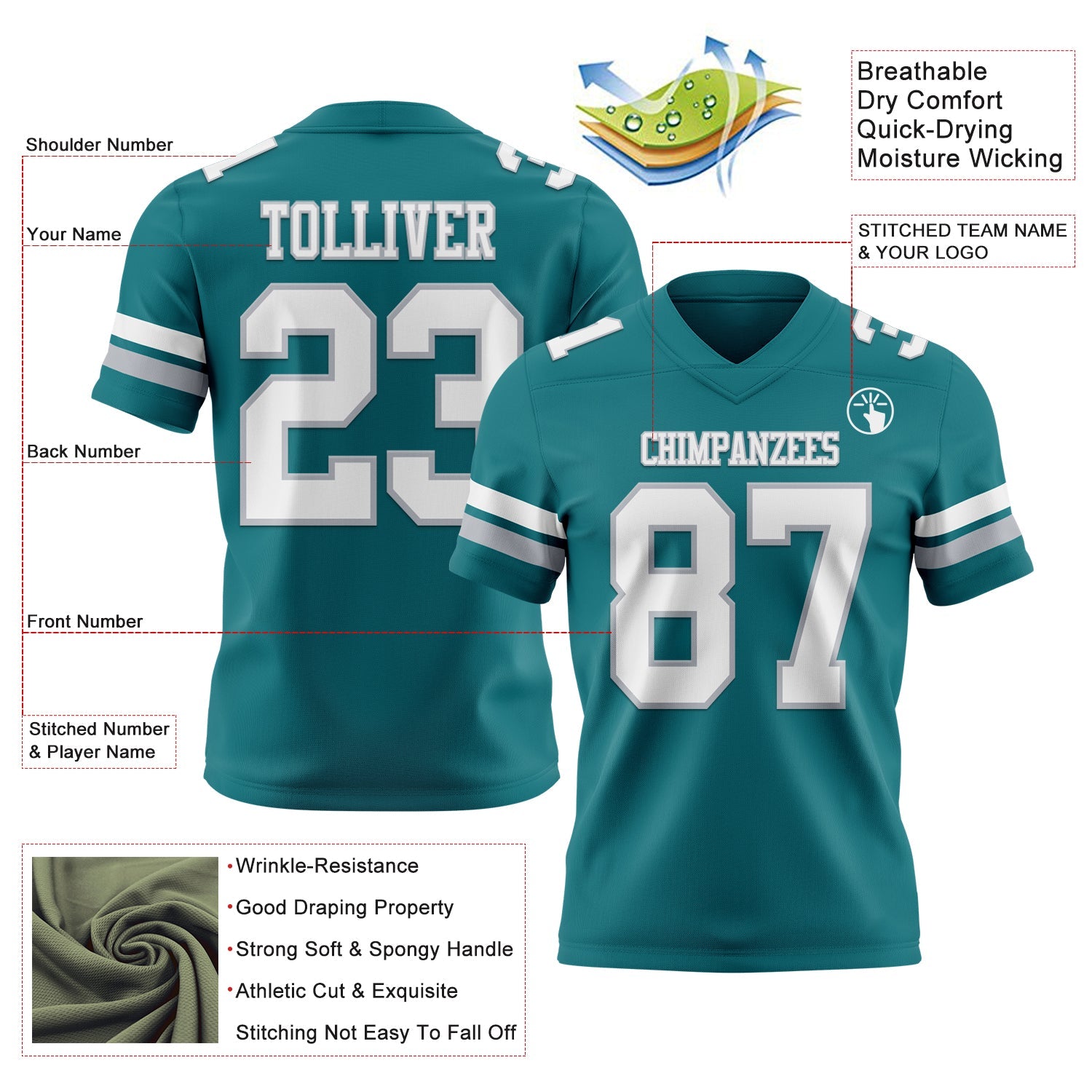 Custom Teal White-Gray Authentic Football Jersey view 3
