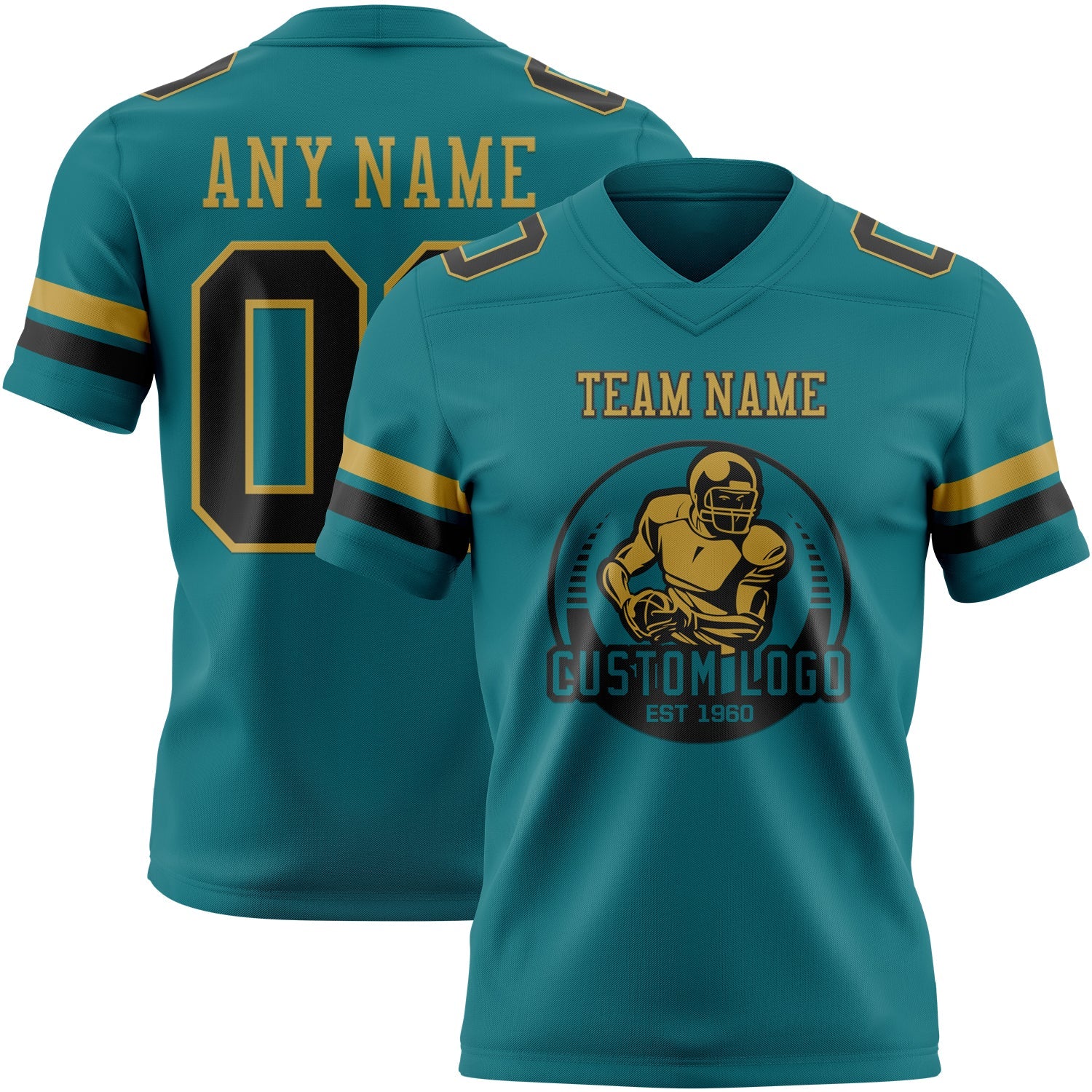 Custom Teal Black-Old Gold Authentic Football Jersey view 2