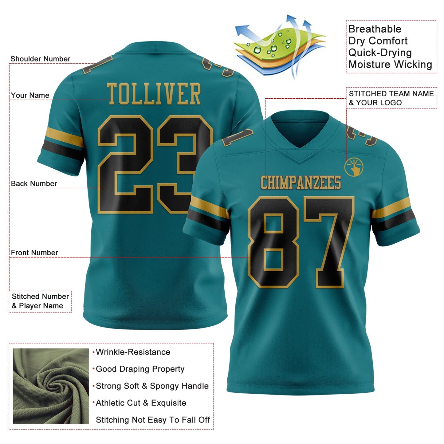 Custom Teal Black-Old Gold Authentic Football Jersey view 3