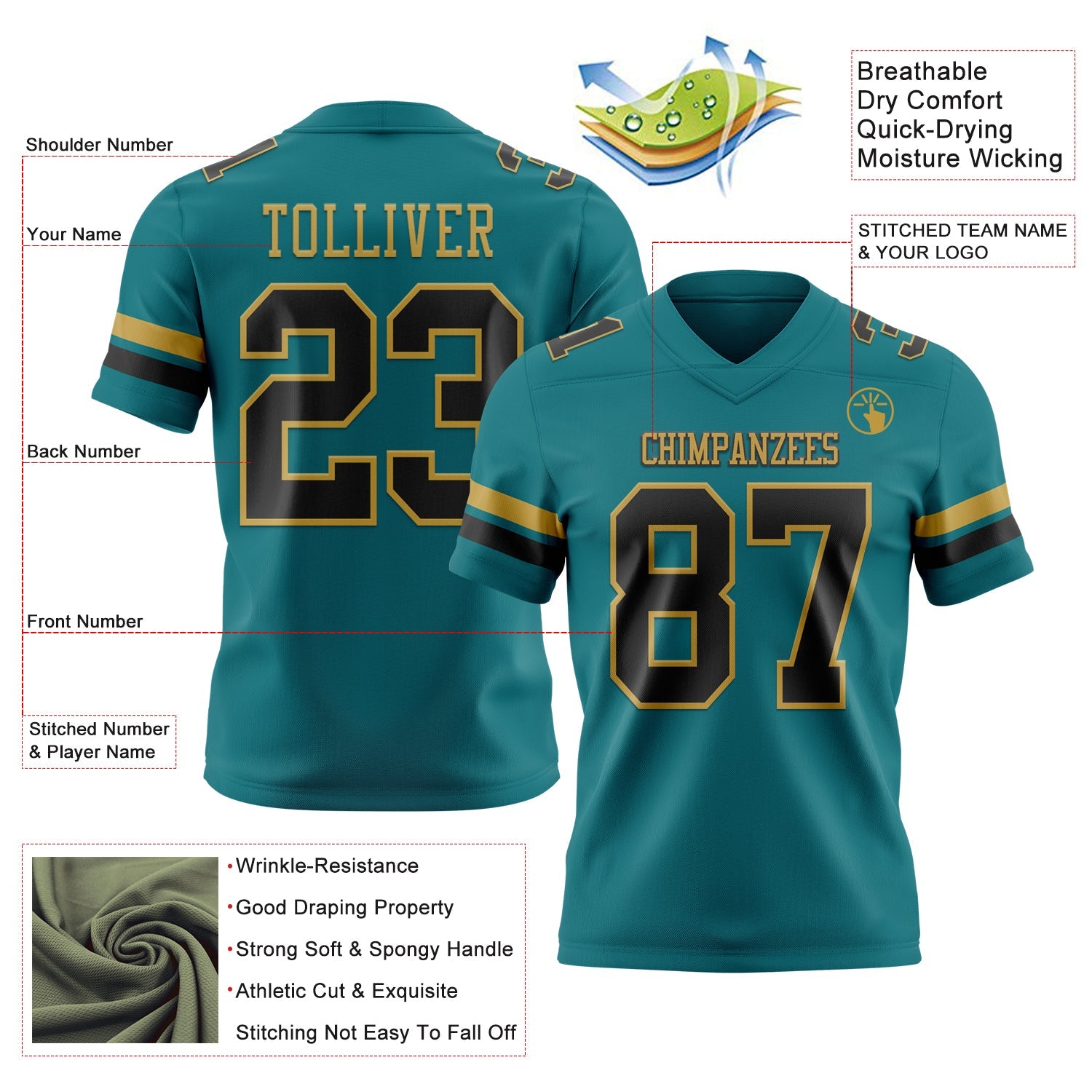 Custom Teal Black-Old Gold Authentic Football Jersey view 3