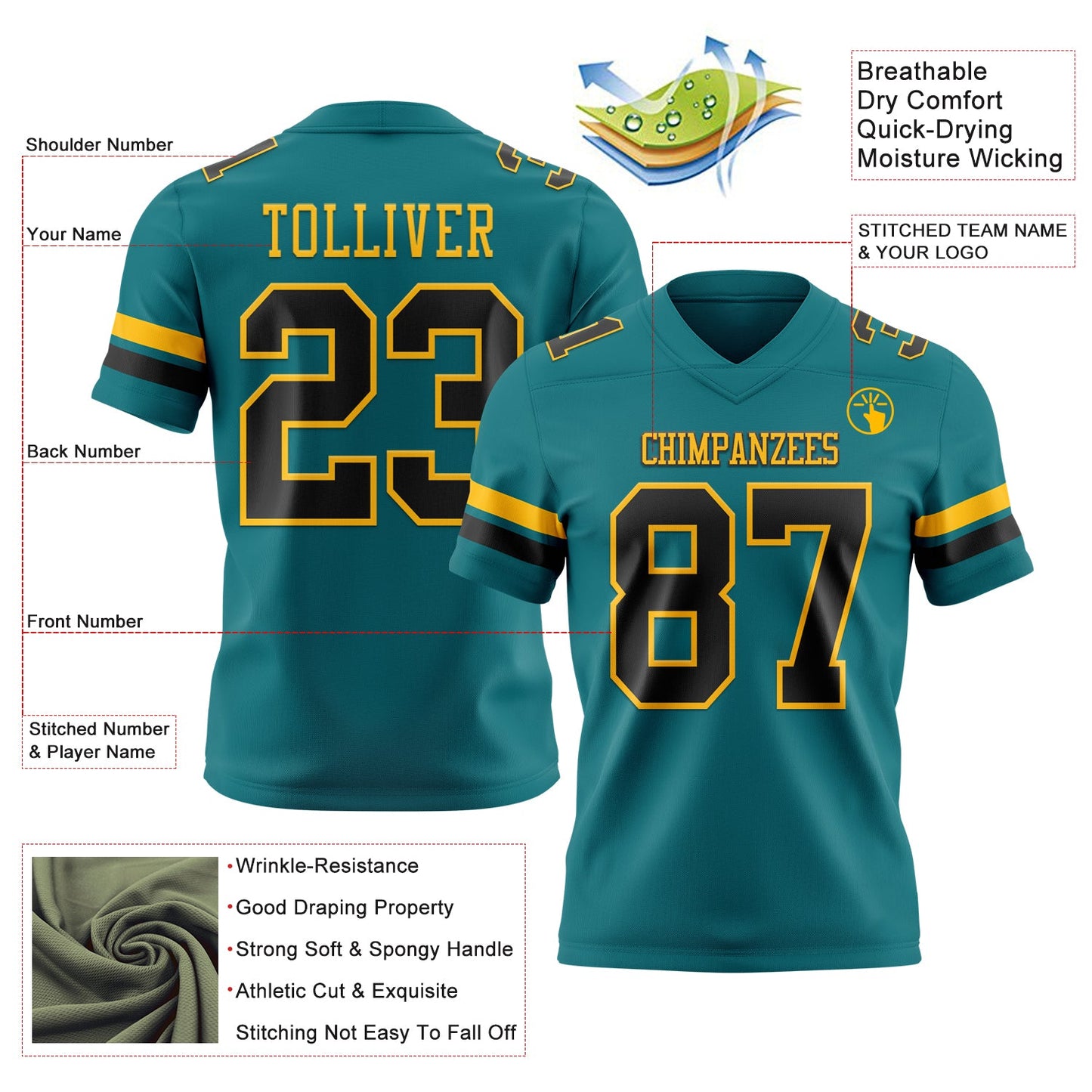 Custom Teal Black-Gold Authentic Football Jersey view 3