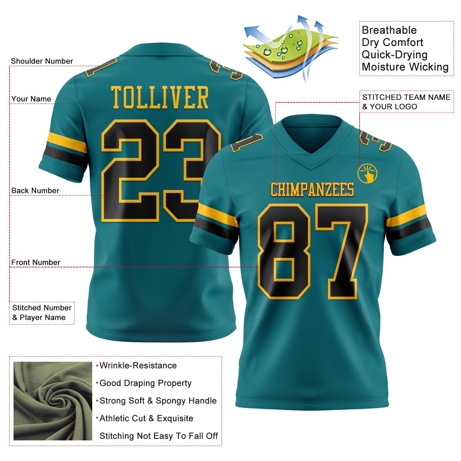 Custom Teal Black-Gold Authentic Football Jersey view 3
