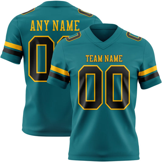 Custom Teal Black-Gold Authentic Football Jersey - Main View