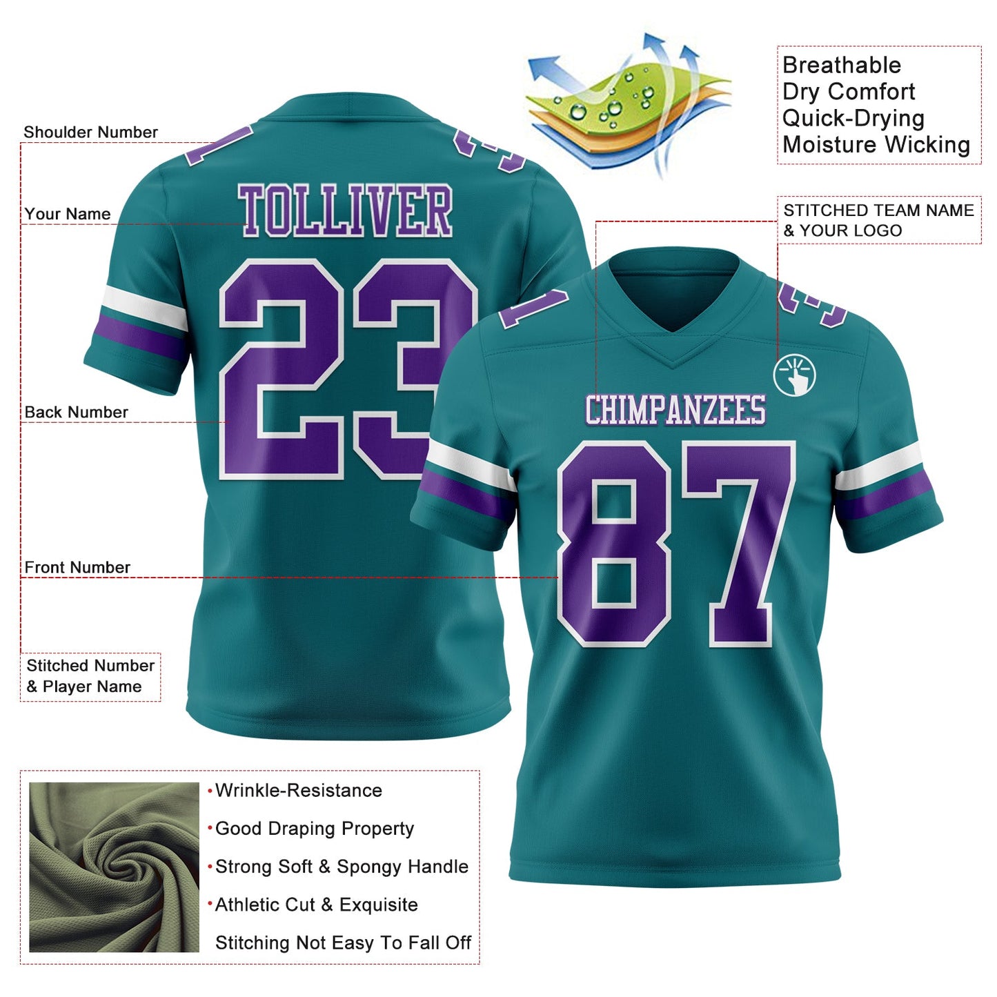 Custom Teal Purple-White Authentic Football Jersey view 3