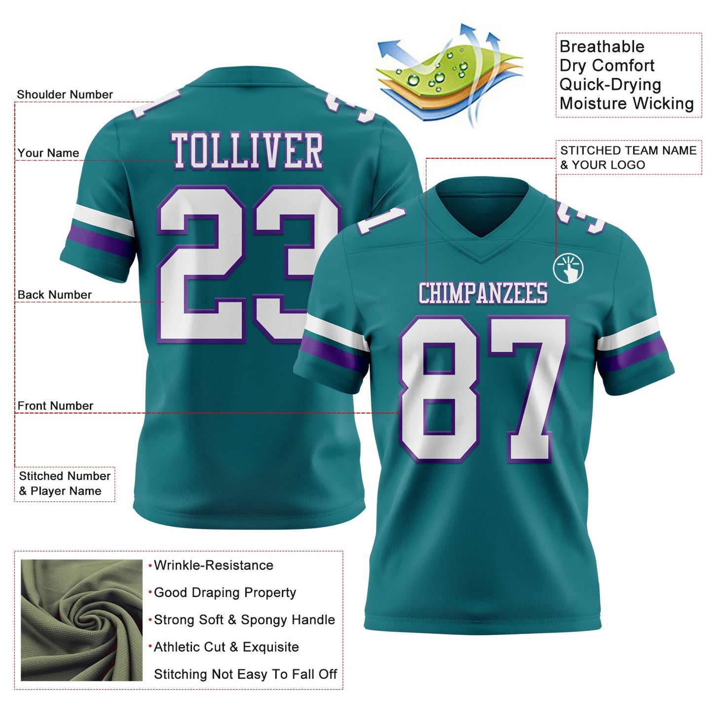 Custom Teal White-Purple Authentic Football Jersey view 3